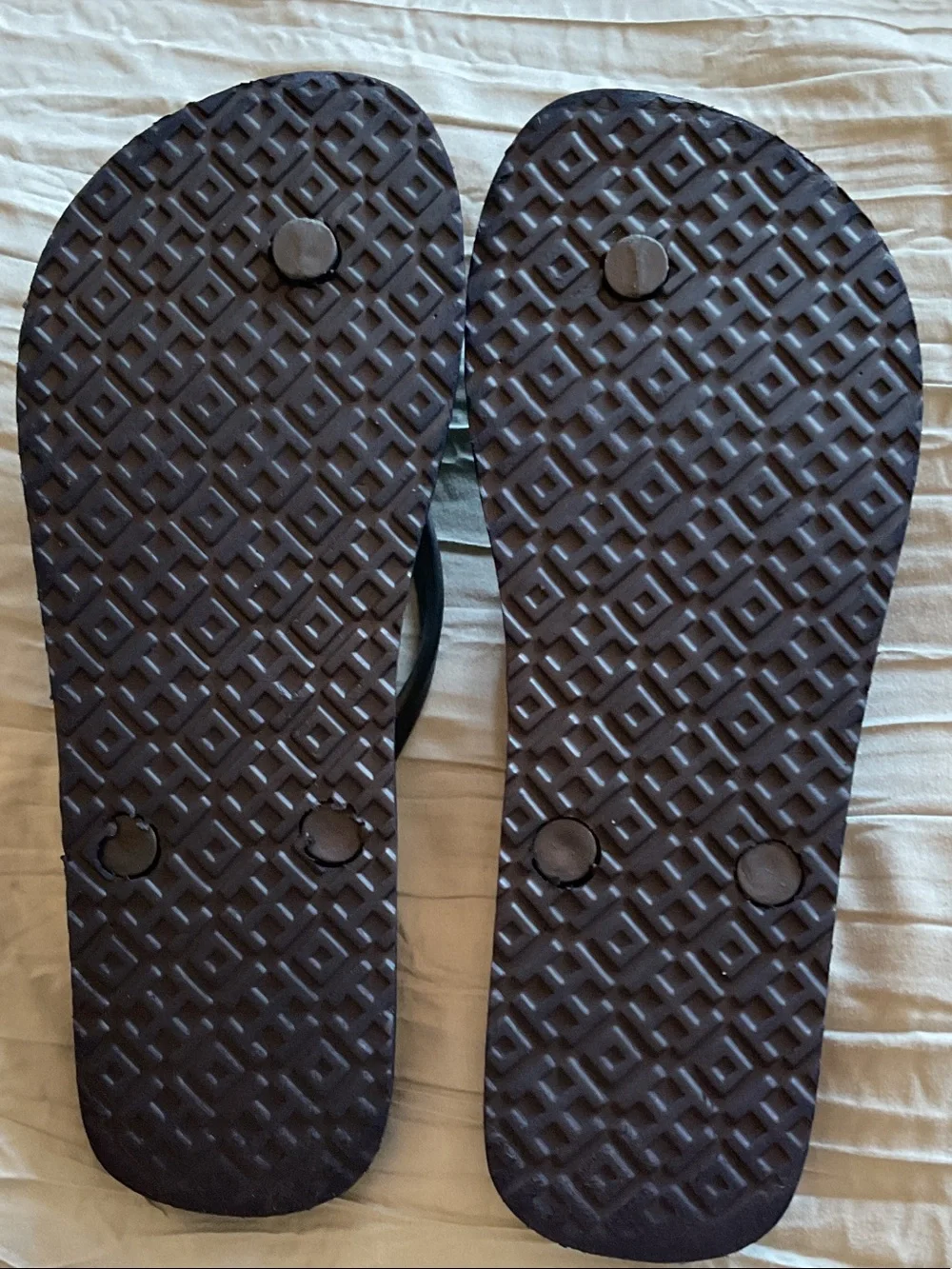Tory Burch Navy Flip Flops with Lime Green Logo Accent